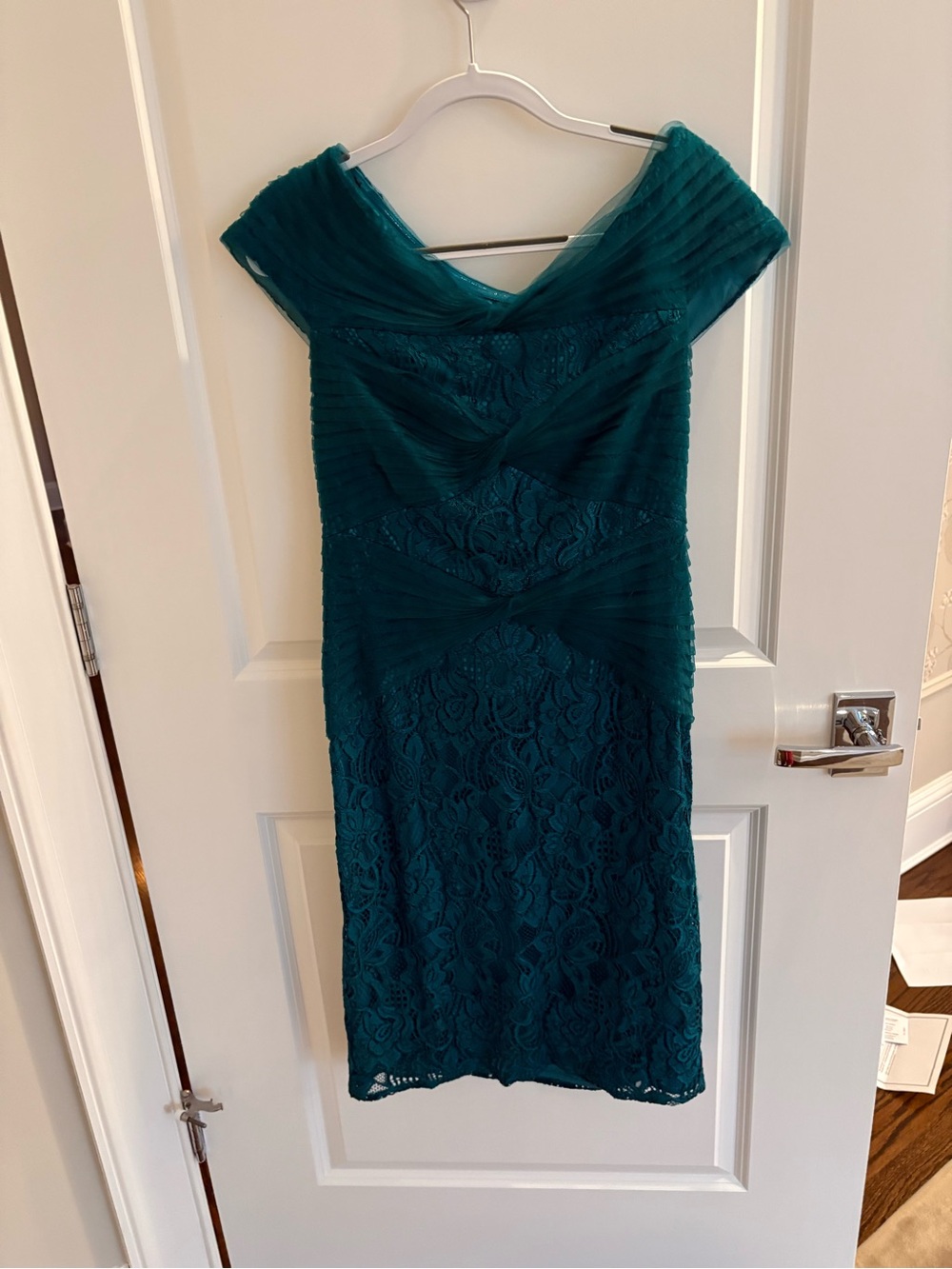 Tadashi Shoji Teal Lace Off-Shoulder Midi Dress